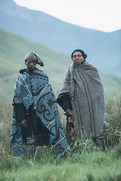 portrait of two Basotho herdsmen in the Lesotho highlands
