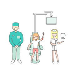 Dental care. Dentist doctor, nurse and patient in medical dental clinic. Girl in dentist chair. Vector cartoon people characters in linear style design. Line isolated icons.