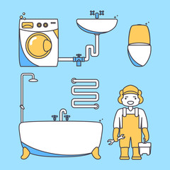 Plumber worker cartoon character. Male character standing in bathroom holding tool box and plumber wrench. Vector illustration in flat style design.