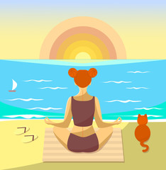 Obraz na płótnie Canvas Woman meditating on a beach. Vector illustration. Girl sit with a cat and watch the sunset over the sea.