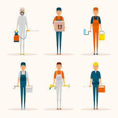 Service workers cartoon characters vector set. Delivery man, pest control, painter, construction worker, architect, handyman, plumber. Men with tools isolated icons. Working professions.