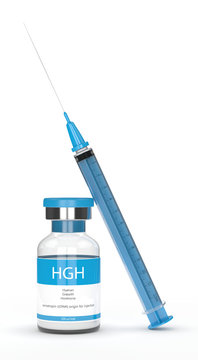 3d render of HGH via with syringe over white