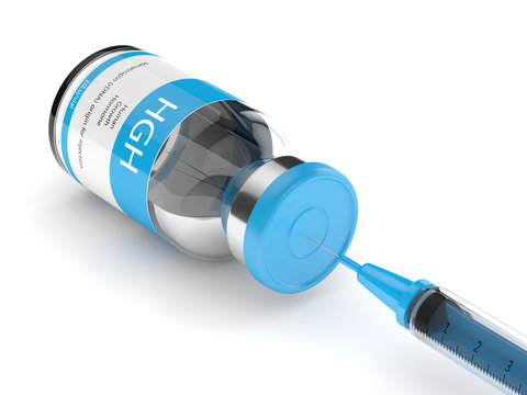 3d render of HGH vial with syringe over white