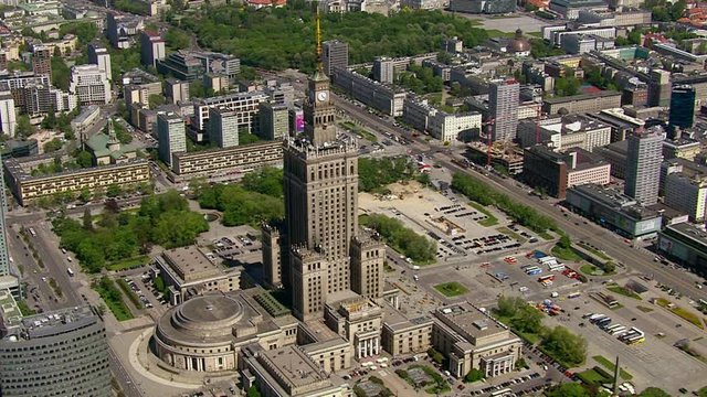 Palace of Culture and Science with zoom on spire, Warsaw, Poland. Overhead aerial shot 