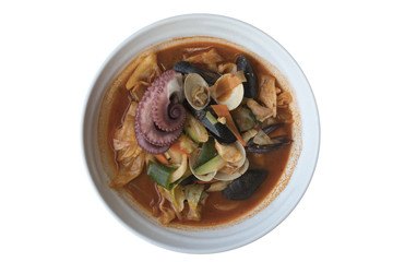 spicy noodle soup with seafood and octopus