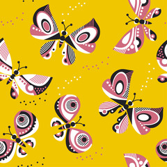 butterfly seamless vector pattern for surface design. bright summer style floral color repeatable motif on sunny yellow background