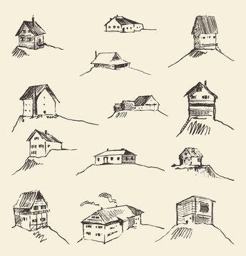 Set of hand drawn rural houses vector illustration