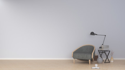 Modern home office Interior of living room with wooden floor,table,lamps and gray armchair 3d rendering
