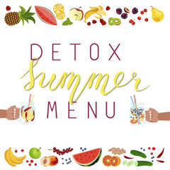Vector illustration of Detox water with Fruits, vegetables or berries. Handmade lettering Isolated for diet menu, cafe and restaurant menu. Fresh smoothies, fruit cocktail for healthy life.