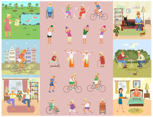 Banner of Retired elderly senior age couple in flat character design. Grandpa and grandma walking in the park. Grandparents with walking stick and invalid chair outdoor isolated. Vector eps 10