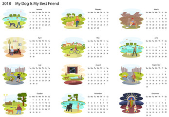 Calendar 2018 with cute set of dog and owner illustration in cartoon style. Isolated vector illustration eps 10.