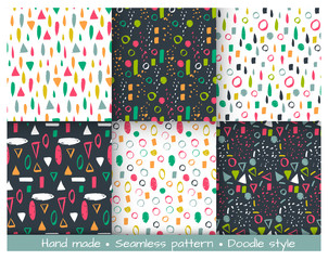 Set of vector seamless pattern. Doodle background, Hand drawn texture. Dry brush ink art. Colorful design. Stylish print. Repeat abstract elements. Sketch style.