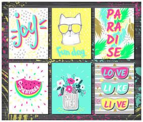 Set Summer vector cards.Trendy design. Vector collection colorful, bright, Acid colors posters. Awesome Illustration in sketch style.Hand drawn vacation greeting card.