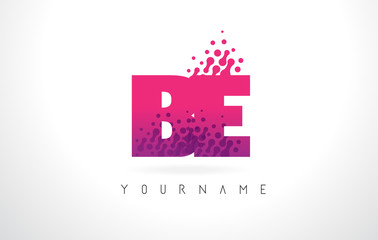 BE B E Letter Logo with Pink Purple Color and Particles Dots Design.