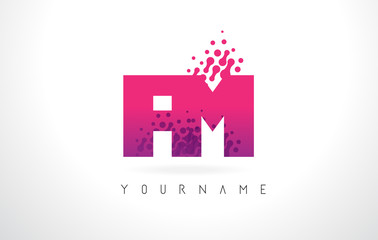 Fototapeta na wymiar FM F M Letter Logo with Pink Purple Color and Particles Dots Design.