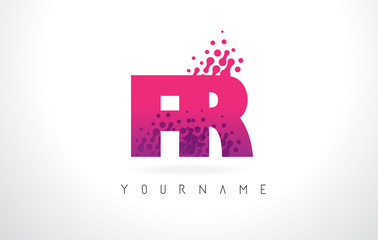 FR F R Letter Logo with Pink Purple Color and Particles Dots Design.