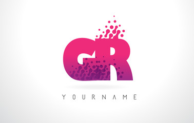 GR G R Letter Logo with Pink Purple Color and Particles Dots Design.