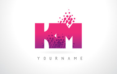 KM K M Letter Logo with Pink Purple Color and Particles Dots Design.