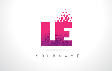 LE L E Letter Logo with Pink Purple Color and Particles Dots Design.