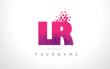 LR L R Letter Logo with Pink Purple Color and Particles Dots Design.