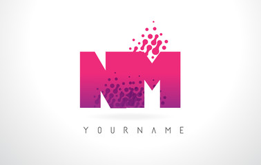 NM N M Letter Logo with Pink Purple Color and Particles Dots Design.