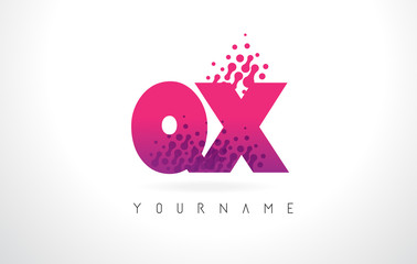 QX Q X Letter Logo with Pink Purple Color and Particles Dots Design.