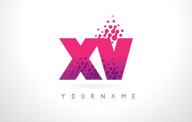 XV X V Letter Logo with Pink Purple Color and Particles Dots Design.