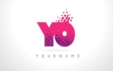 YO Y O Letter Logo with Pink Purple Color and Particles Dots Design.