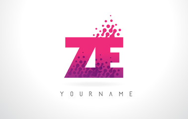 ZE Z E Letter Logo with Pink Purple Color and Particles Dots Design.