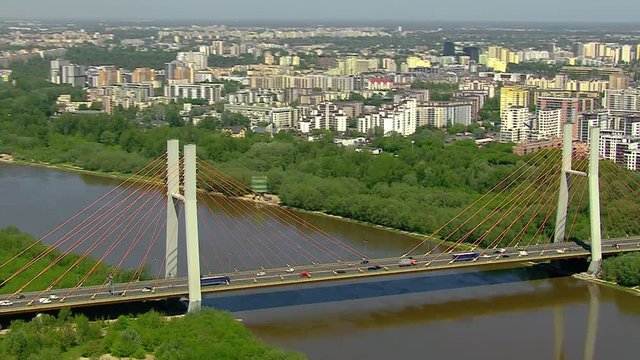 Siekierkowski Bridge on Vistula river and Warsaw Downtown panorama aerial view, Poland