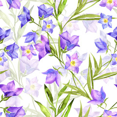 Floral seamless pattern with bluebells watercolor. Hand drawn illustration on white background