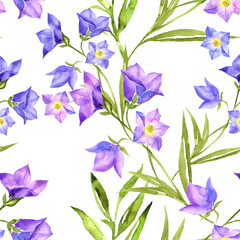 Obraz na płótnie Canvas Floral seamless pattern with bluebells watercolor. Hand drawn illustration on white background