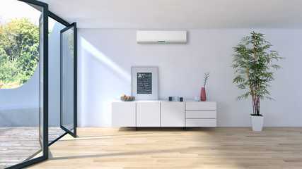 Living room with air conditioning. 3D rendering