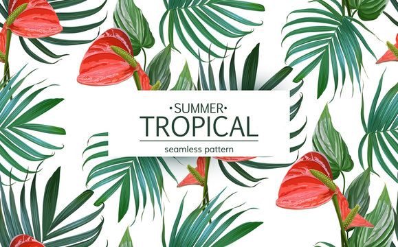 Vector Tropical flowers and palm leaves seamless pattern. Floral exotic Hawaiian background. Blooming elements. Hand drawn jungle plants