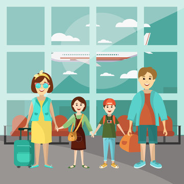 Family travel concept vector poster. Parents with two kids at the airport going to vacation. Cartoon people characters in flat style design. Airport interior.
