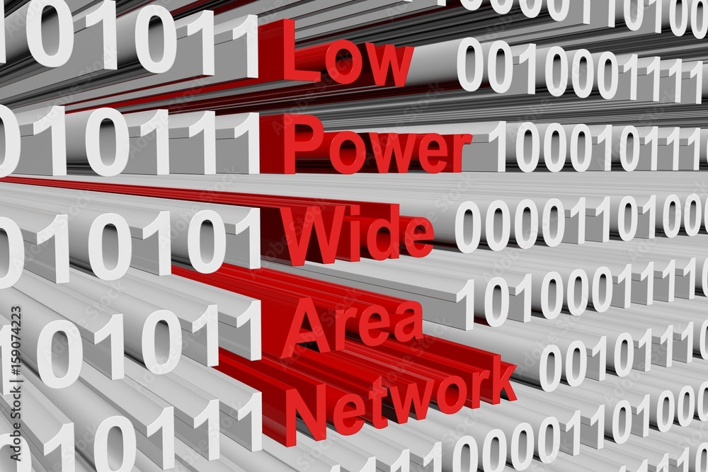 Aufkleber low power wide area network in the form of binary code, 3d illustration
