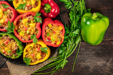 Bell peppers, stuffed with meat and rice, with copyspace