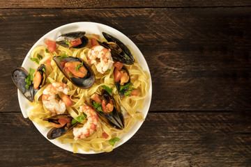 Seafood pasta dish with mussels and shrimps