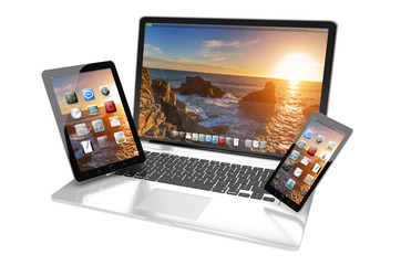 Laptop mobile phone and tablet connected to each other 3D rendering
