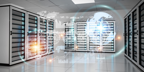 Graph holograms flying over server room data center 3D rendering