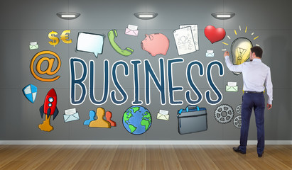 Businessman drawing business sketch on a wall 3D rendering