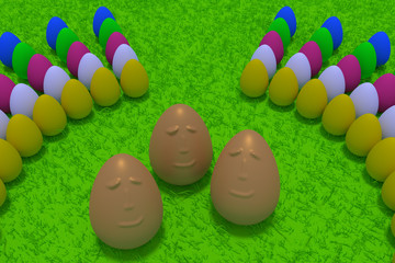 3D-Rendering von lächelnden goldenen Eiern umgeben von farbigen Eiern stehend auf grünem Gras mit hellblauem Hintergrund
