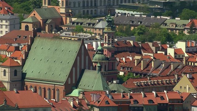 Aerial view of Warsaw old town buildings and church, Poland