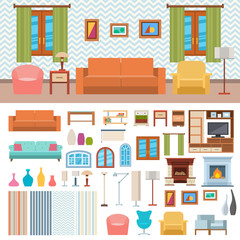 Furniture room interior design and home decor concept icon set flat vector illustration.