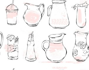 Hand drawn vector graphic Kitchen glassware utensils pitcher,bottle glasses bowel drinking accessories seamless pattern brush drawing isolated on white background with pastel colored freehand texture