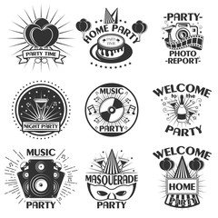 Vector party set of emblems, badges, stickers or banners. Design elements in vintage style. Black icons and logo isolated on white background