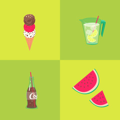 Summer party. Ice-cream, lemonade, cola and watermelon
