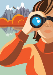 Through the binocular / Creative conceptual vector. Woman looking through the binocular.