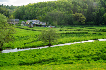 F, Burgund, Naturpark Morvan, Weidelandschaft, Bocagelandschaft mit  Blick auf den Weiler la Mouche bei Chissey-en-Morvan