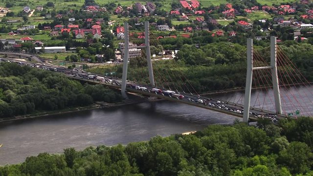Heavy traffic jam on Siekierkowski Bridge in Warsaw, polish capital, Poland. Aerial view